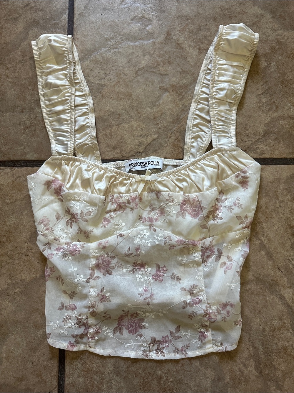 Princess Polly Yamie Bustier Top Floral Crop Top Cream & Pink XS